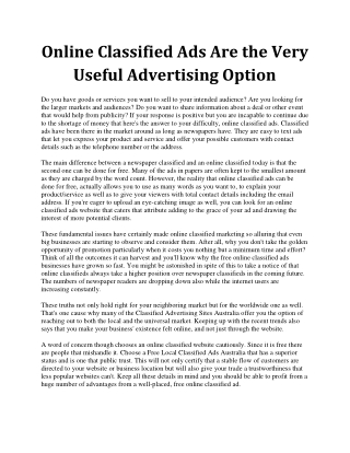 Online Classified Ads Are The Very Useful Advertising Option