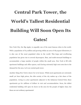 Central Park Tower, the World’s Tallest Residential Building Will Soon Open Its Gates!