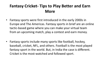 Fantasy Cricket- Tips to Play Better and Earn More