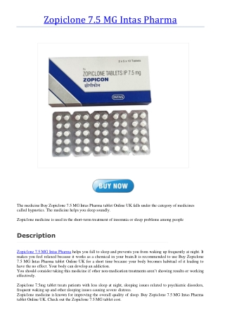 Buy Zopiclone 7.5 MG Intas Pharma tablet Online UK