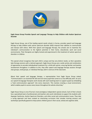 Eagle House Group Provides Speech and Language Therapy to Help Children with Autism Spectrum Disorder