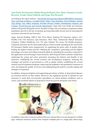 Asia Pacific Pet Insurance Market - Demand,  Growth, Trends, COVID-19 Impact