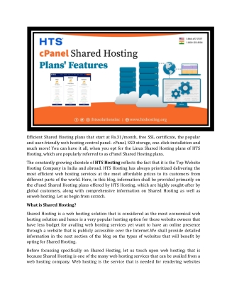 HTS cPanel Shared Hosting Plans' Features