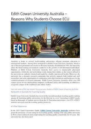 Edith Cowan University Australia – Reasons Why Students Choose ECU