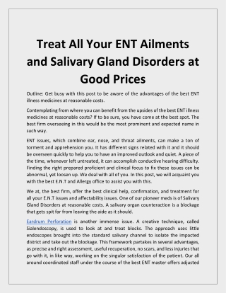 Treat All Your ENT Ailments and Salivary Gland Disorders at Good Prices