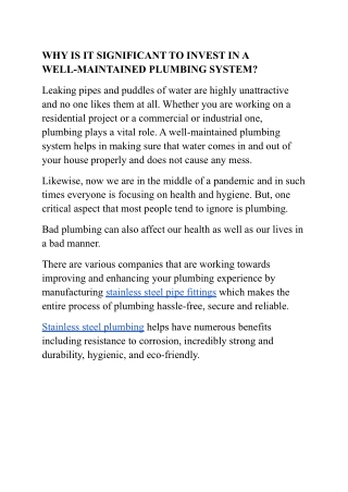 WHY IS IT SIGNIFICANT TO INVEST IN A WELL-MAINTAINED PLUMBING SYSTEM