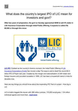 What does the country's largest IPO of LIC mean for investors and govt