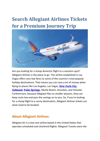 Search Allegiant Airlines Tickets for a Premium Journey Trip
