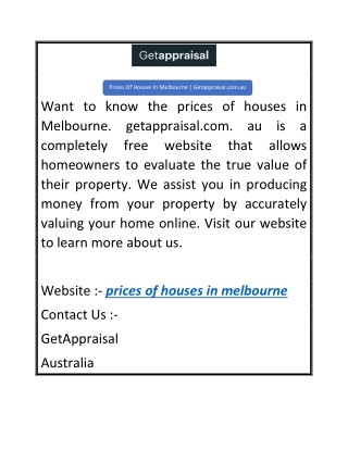 Prices Of Houses In Melbourne  Getappraisal.com.au