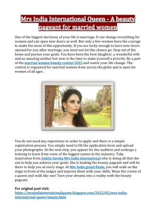 Mrs India International Queen - A beauty pageant for married women