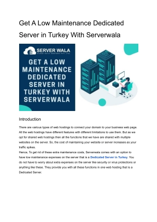 Get Low Maintenance Dedicated Server in Turkey With Serverwala