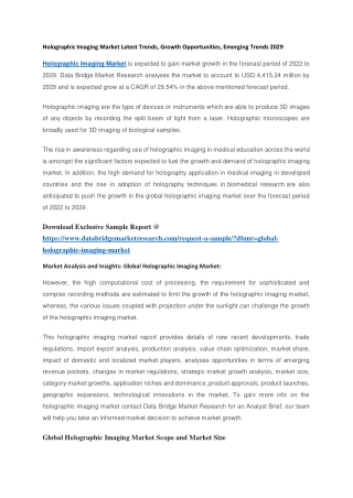 Holographic Imaging Market Latest Trends, Growth Opportunities, Emerging Trends 2029