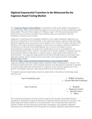 Digitized Exponential Transition to Be Witnessed By the Vaginosis Rapid Testing Market