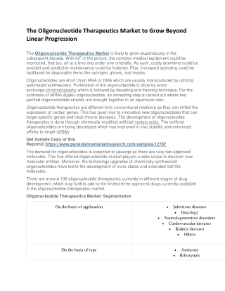 The Oligonucleotide Therapeutics Market to Grow Beyond Linear Progression