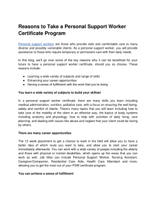 Reasons to Take a Personal Support Worker Certificate Program