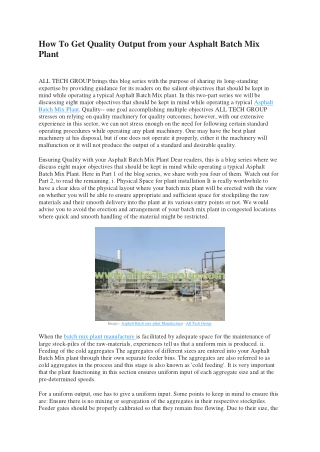 How To Get Quality Output from your Asphalt Batch Mix Plant