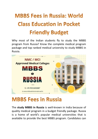 MBBS Fees in Russia for Indian Students Word Class Education