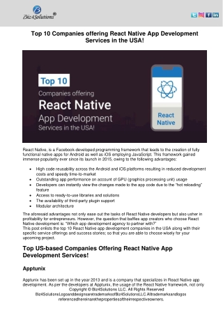 Top 10 Companies offering React Native App Development Services in the USA