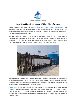 Ultra Filtration (UF) Plant