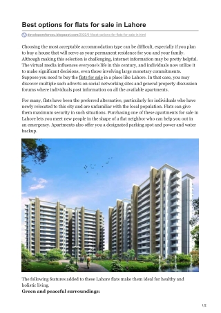 Best options for flats for sale in Lahore