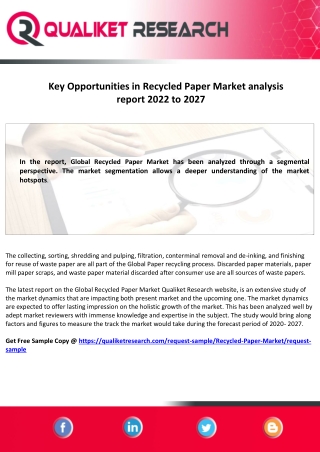 Key Opportunities in Recycled Paper Market analysis report  2027 and key player