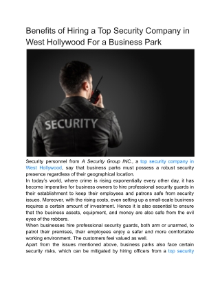 Benefits of Hiring a Top Security Company in West Hollywood For a Business Park