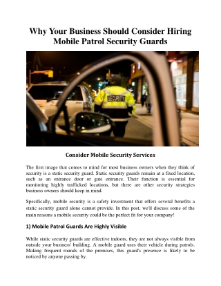 Why Your Business Should Consider Hiring Mobile Patrol Security Guards