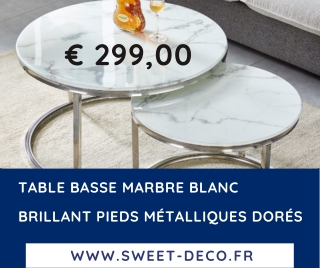 Table basse marbre Blanc pieds métalliques argentés  - Sweet Deco