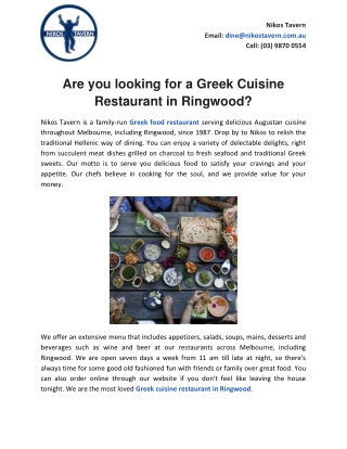 Are you looking Greek Cuisine Restaurant in Ringwood?