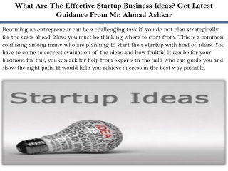 What Are The Effective Startup Business Ideas? Get Latest Guidance From Mr. Ahma