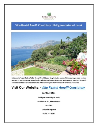 Villa Rental Amalfi Coast Italy | Bridgewatertravel.co.uk