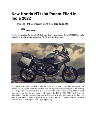 New Honda NT1100 Patent Filed In India 2022