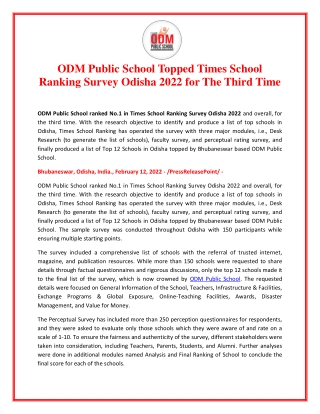 ODM Public School Topped Times School Ranking Survey Odisha 2022 for The Third Time