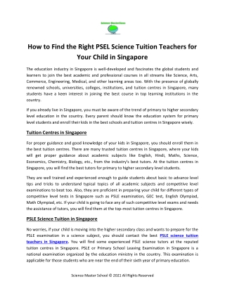 How to Find the Right PSLE Science Tuition Teachers for Your Child in Singapore