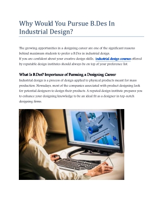 Why Would You Pursue B.Des In Industrial Design?