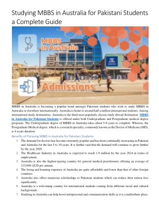 Studying MBBS in Australia for Pakistani Students a Complete Guide