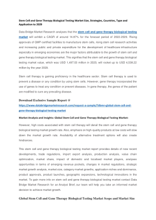 Stem Cell and Gene Therapy Biological Testing Market Size, Strategies, Countries, Type and Application to 2029