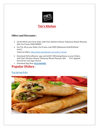 Tim's Kitchen Chinese Takeaway Mount Pleasant, QLD | $5  off