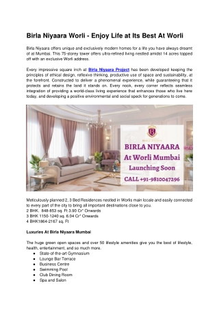 Birla Niyaara Worli - Enjoy Life at Its Best At Worli