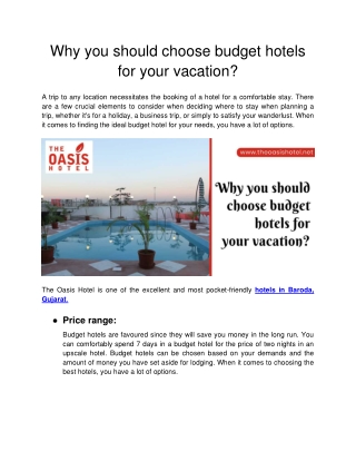 The Oasis Hotel - Why you should choose budget hotels for your vacation