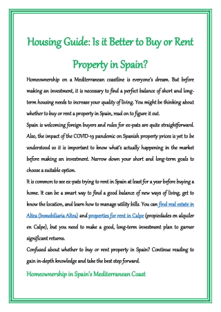 Housing Guide: Is it Better to Buy or Rent Property in Spain?