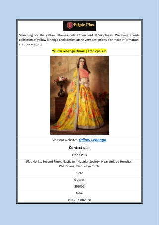 Yellow Lehenga Online  Ethnicplus.in