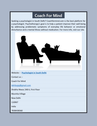 Psychologist in South Delhi | Coachformind.com
