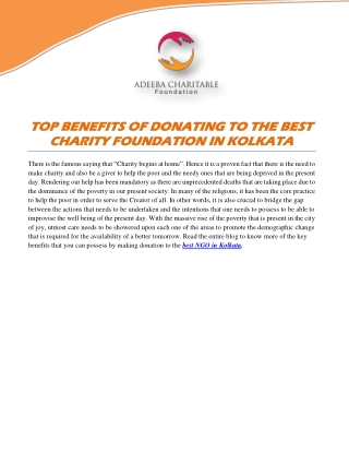 TOP BENEFITS OF DONATING TO THE BEST CHARITY FOUNDATION IN KOLKATA