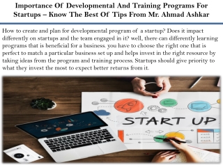 Importance Of Developmental And Training Programs For Startups – Know The Best Of Tips From Mr. Ahmad Ashkar
