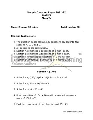 CBSE Sample Paper for Class 9 Maths with Solutions Download PDF