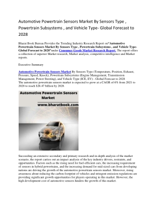 Automotive Powertrain Sensors Market By Sensors Type , Powertrain Subsystems , and Vehicle Type- Global Forecast to 2028