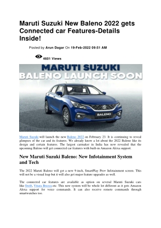 Maruti Suzuki New Baleno 2022 gets Connected car Features