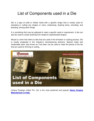 Unique Forgings - List of Components used in a Die