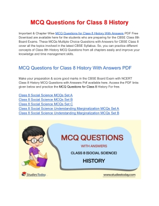 MCQs Class 8 History with Answers PDF Download